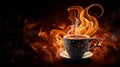 A magical brown cup of coffee with sparkles and fire flames shows abstract real fiery looks on a black background. AI generated.