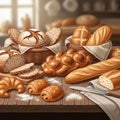 An artistic depiction of assorted bakery items displayed on a wooden table Royalty Free Stock Photo