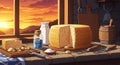 Artistic depiction of cheese making process with sunset, rennet, milk and ingredients Royalty Free Stock Photo