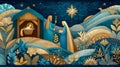 Artistic depiction of the nativity scene with stylized, nature-inspired elements and celestial background in warm blue and gold Royalty Free Stock Photo