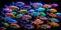 Artistic depiction of a school of fish each with different neon colors creating a mesmerizing glowing pattern in the darkness Ge