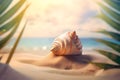 artistic depiction of a seashell resting on damp sand, surrounded by the blurred background of oceanside, Generative AI