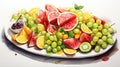 a summer fruit platter with watermelon, kiwi, and citrus fruits in vibrant watercolors