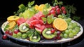 a summer fruit platter with watermelon, kiwi, and citrus fruits in vibrant watercolors