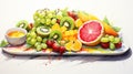 a summer fruit platter with watermelon, kiwi, and citrus fruits in vibrant watercolors