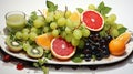 a summer fruit platter with watermelon, kiwi, and citrus fruits in vibrant watercolors