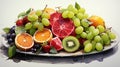 a summer fruit platter with watermelon, kiwi, and citrus fruits in vibrant watercolors