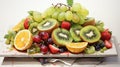 a summer fruit platter with watermelon, kiwi, and citrus fruits in vibrant watercolors