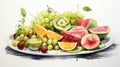 a summer fruit platter with watermelon, kiwi, and citrus fruits in vibrant watercolors