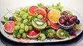 a summer fruit platter with watermelon, kiwi, and citrus fruits in vibrant watercolors