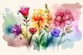 Artistic depictions of flowers in a variety of colors, painted in watercolor