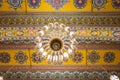 artistic design of temple roof with lighted Chandelier from low angle Royalty Free Stock Photo