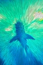 Artistic digital image with predominance of blue and green colors of a shark silhouette taken from below in aquarium