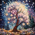 Artistic digital oil painting of a spring tree with flowers at night, impasto. Wall art for children\'s room. Modern art.