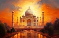 artistic digital painting of the taj mahal at sunset with vivid orange hues Royalty Free Stock Photo