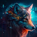 Artistic digital painting of a wolf head with a ship in the background