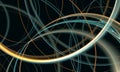 Artistic digital wallpaper illustrating blue orange curves, arcs, rings or half circles intersected in deep dark space. Royalty Free Stock Photo