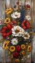 Artistic display of artificial flowers on a wooden backdrop Royalty Free Stock Photo