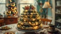 artistic display of a Christmas tree made entirely out of cupcakes, sitting on a table