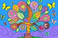 Artistic dood tree with colorful patterns, by whimsical butterflies on bright blue and purple background
