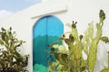 artistic door painted in sea colors, door in Ostuni, turquoise-blue door in a white wall