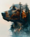 Artistic Double Exposure: Dog Silhouette Merged with Majestic Forest Mountains