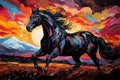 artistic drawing of a black horse galloping across a field against a background of mountains, bright and colorful paints Royalty Free Stock Photo