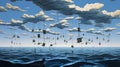 Surreal Overfishing: Realistic Painting Of Clouds And Swells In Water