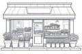Artistic drawing of flower shop facade with potted plants Royalty Free Stock Photo