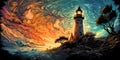 Artistic drawing of a lighthouse with a multicolored background and surreal elements.