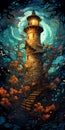 Artistic drawing of a lighthouse with a multicolored background and surreal elements.