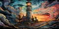 Artistic drawing of a lighthouse with a multicolored background and surreal elements.