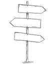 Drawing of Empty Old Wooden Road Three Directional Arrow Sign