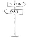 Drawing of Old Two Directional Arrow Road Sign With Berlin and Paris Texts Royalty Free Stock Photo