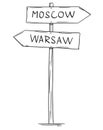 Drawing of Old Two Directional Arrow Road Sign With Moscow and Warsaw Texts Royalty Free Stock Photo