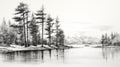 Hyperrealistic Black And White Sketch Of Pine Trees By The Lake Royalty Free Stock Photo