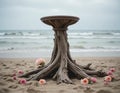 Driftwood Pedestal with Roses on Sandy Beach Royalty Free Stock Photo