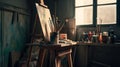 Artistic equipment in a artist studio canvas on wooden easel and paint brushes Royalty Free Stock Photo