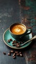 Artistic espresso coffee cup elegantly placed with beans on a rustic vintage wooden table setting Royalty Free Stock Photo