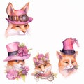 artistic et of pink steampunk animals, watercolor clip art , on white background, created with artificial intelligence, Royalty Free Stock Photo