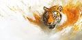 An artistic and expressive background of orange and white provides the setting for a tiger crouching down and ready to Royalty Free Stock Photo