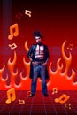 Artistic and expressive young man, rock music lover standing over red background with flame. Contemporary art collage Royalty Free Stock Photo