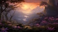 Artistic Fantasy Scene: Flowers, Waterfall, And Exotic Landscapes