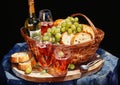 An Artistic Feast: A Delicious Spread of Grapes, Bread, Wine, an