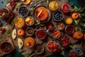 artistic flat lay of fruit preserves and ingredients