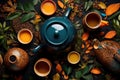 artistic flat lay of tea set and colorful tea leaves