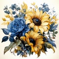 Artistic Floral Bouquet: Blue Roses And Sunflower Watercolor Clipart