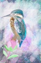 Artistic floral illustration with delicately painted watercolor birdy ,decorative flower . Royalty Free Stock Photo