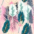 Artistic floral tropical vector pattern with pink palm plants an Royalty Free Stock Photo