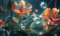 Artistic flower arrangement in a glass vase, bubbles and a glass sphere. Created by AI Royalty Free Stock Photo